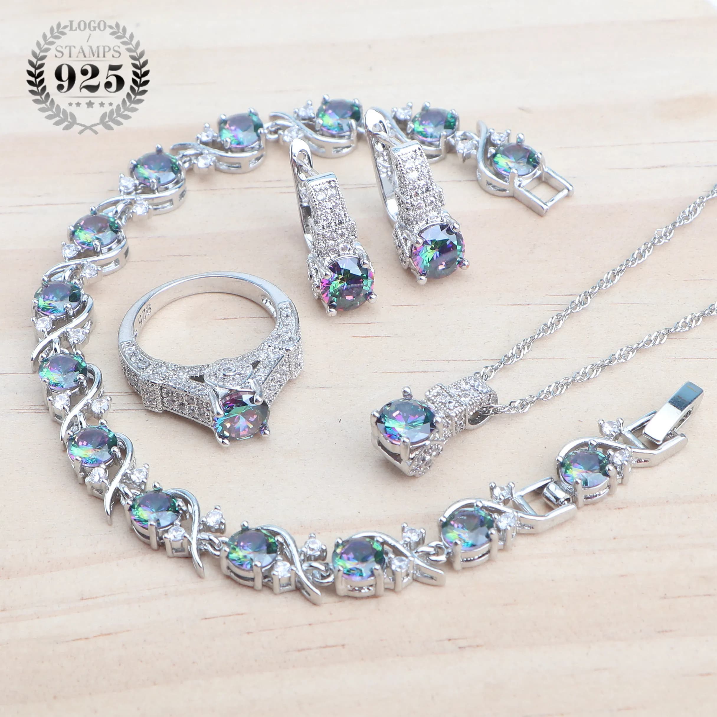 Juegos de joyas para mujer de plata de ley 925, joyería de boda para mujer, pendientes de circón púrpura, conjunto de pulseras, anillos, collar con