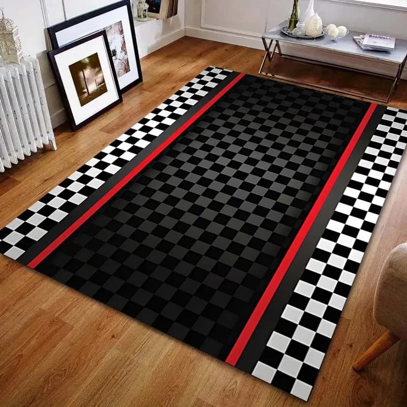Alfombra con estampado de rejilla en blanco y negro, pista de carrera, para dormitorio, sala de estar, mesita de noche, sofá, alfombra moderna para