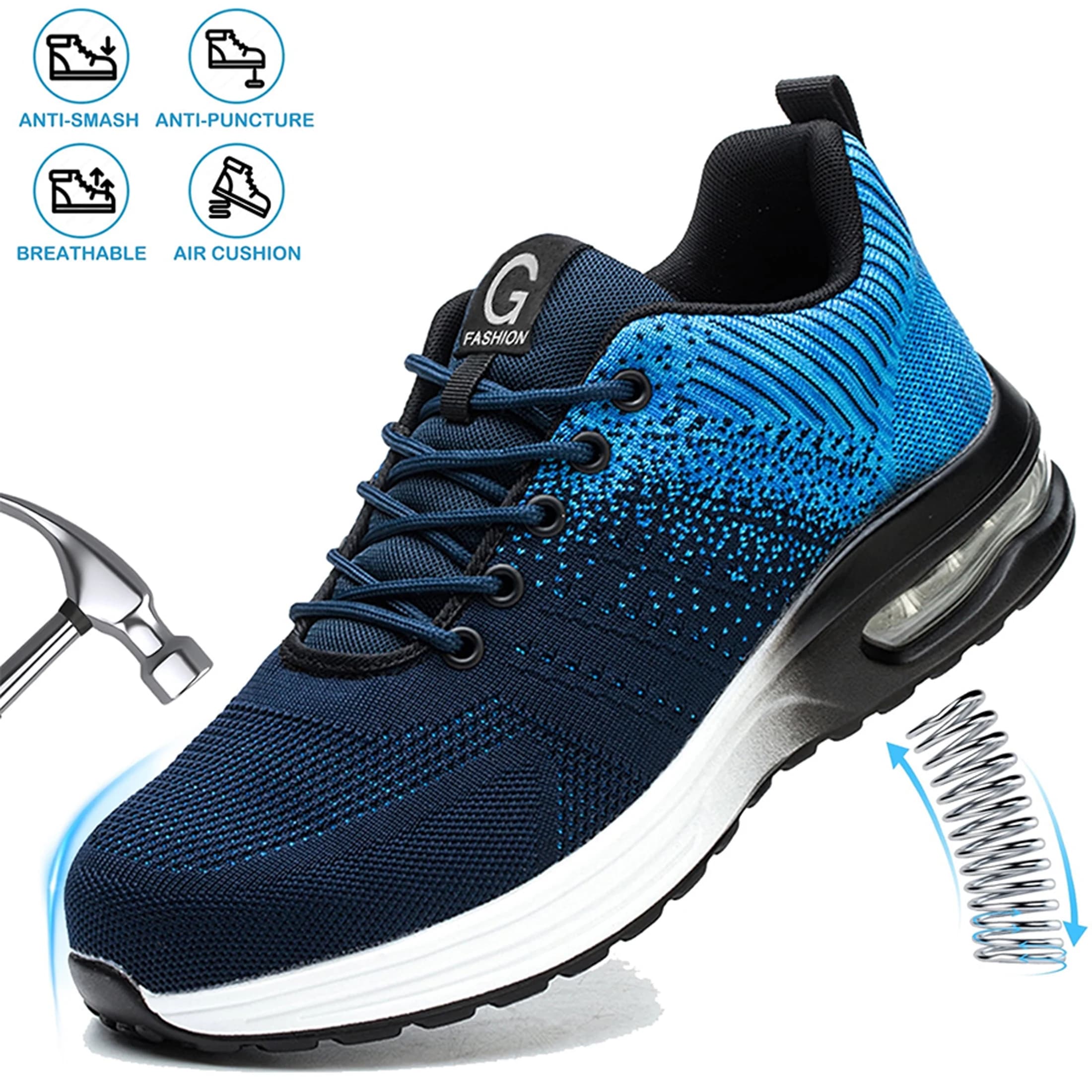 Zapatos de trabajo con punta de acero para hombres y mujeres, zapatos de seguridad azules antigolpes y antipinchazos, zapatos de trabajo ligeros y