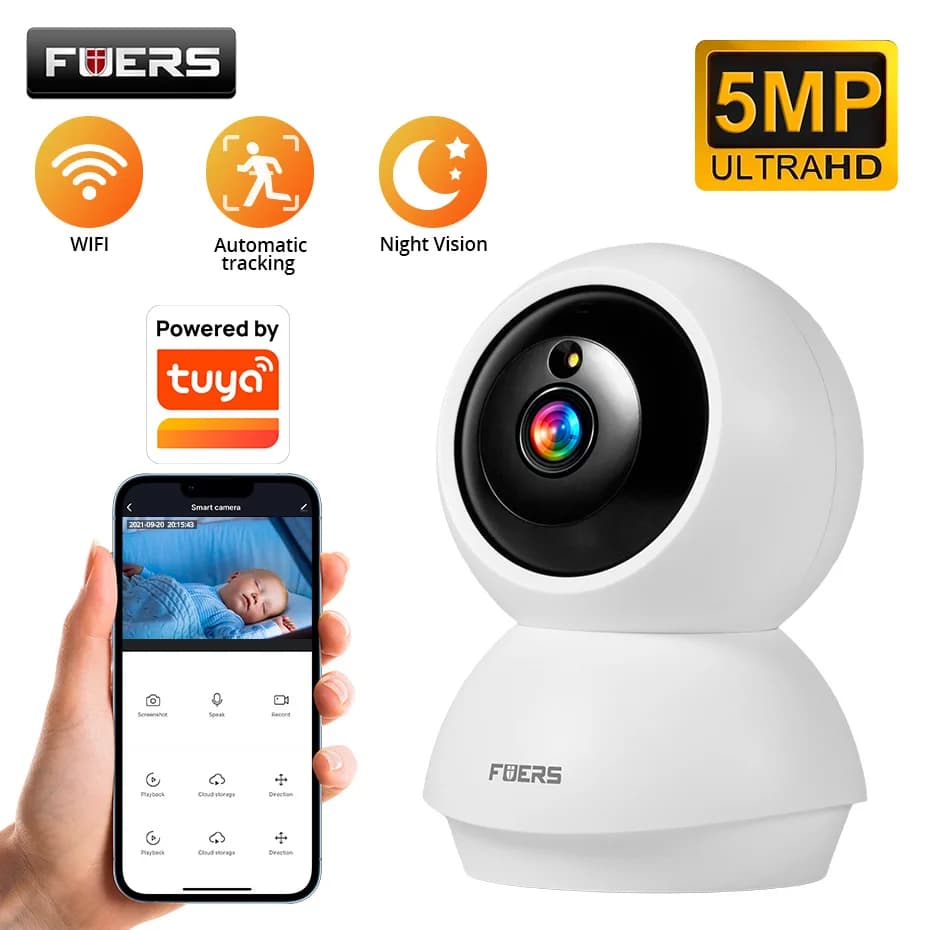 Cámara WiFi Fuers de 5MP, funciona con Tuya Smart Home, cámara de vigilancia IP inalámbrica para interiores, seguimiento automático, monitor de