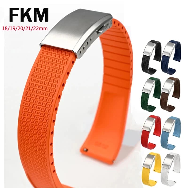 Correa de reloj de goma fluorada FKM Tropic, hebilla plegable de 18/19/20/21/22mm, pulsera de corte a tamaño de liberación rápida para hombres y
