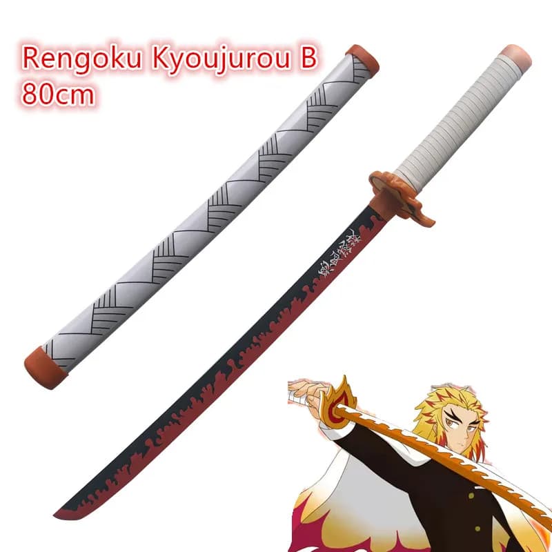 Réplica 1:1 de la Espada de Demon Slayer, Espada de Cosplay de Rengoku Kyoujurou, Cuchillo Ninja de Anime, Juguete de Madera de 80 cm