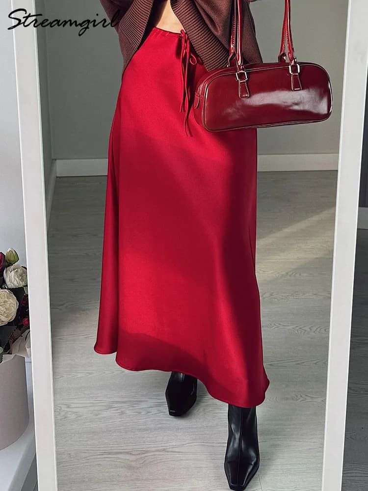 Faldas Largas de Satén Marrón para Mujer, Falda Maxi de Lujo para Otoño y Verano, Falda Larga Recta de Seda Negra con Cintura Alta, Falda Maxi de