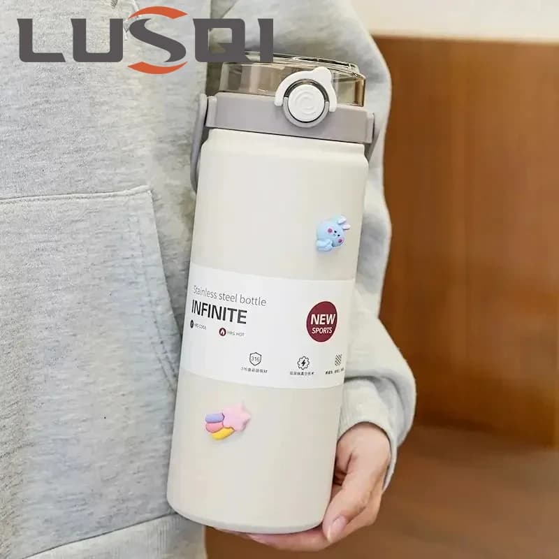 LUSQI-botella de agua de gran capacidad, termo de acero inoxidable 1000 con asa y pajita para exteriores, 1200/316 ml