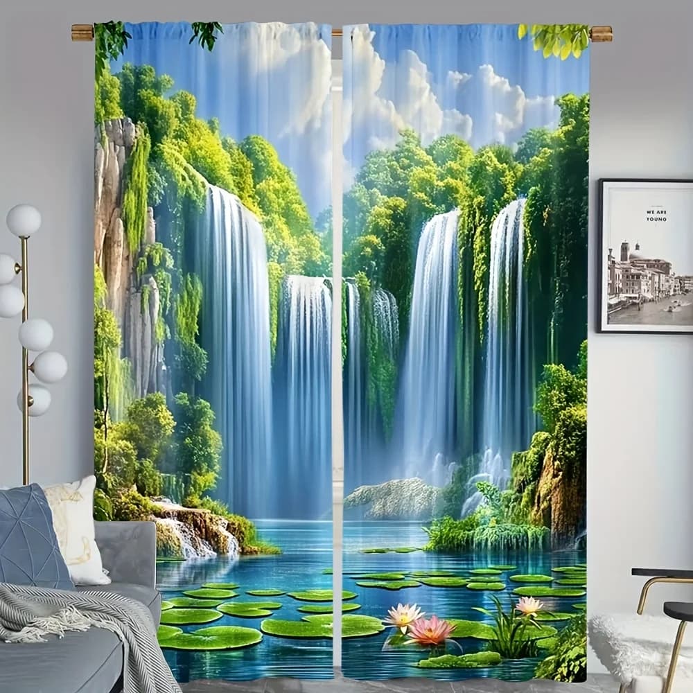 Cortinas semiobiertas con estampado de paisaje de árbol y cascada, bolsillo para barra, lavable a máquina, Panel de ventana de poliéster resistente
