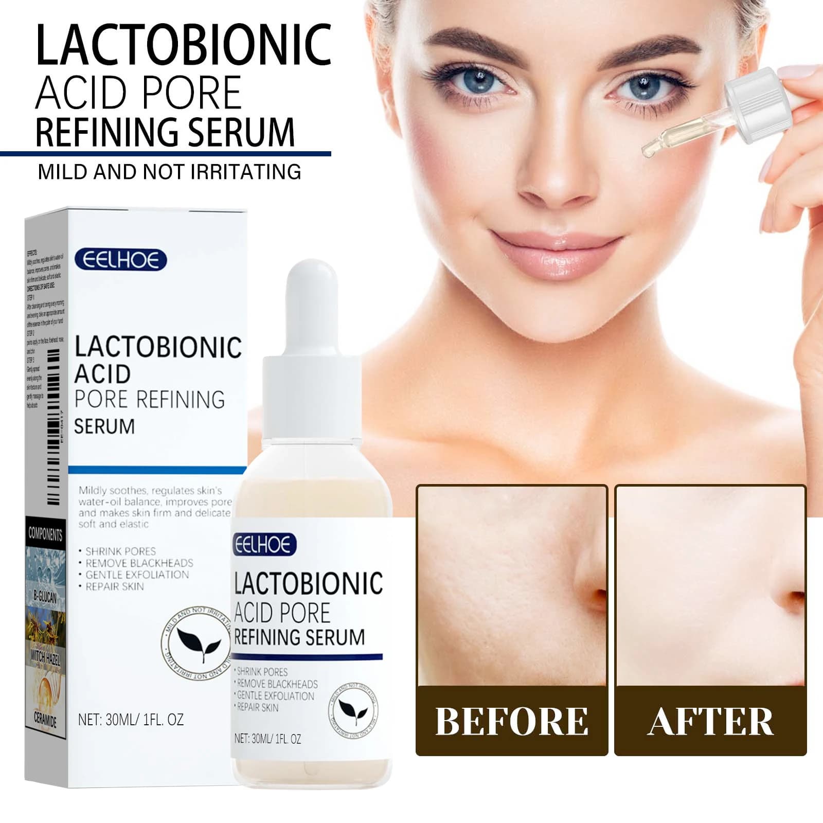 Suero facial de ácido lactobónico, ácido hialurónico retráctil de poros, hidratante, nutritivo, reafirmante, ilumina la belleza, Cosméticos