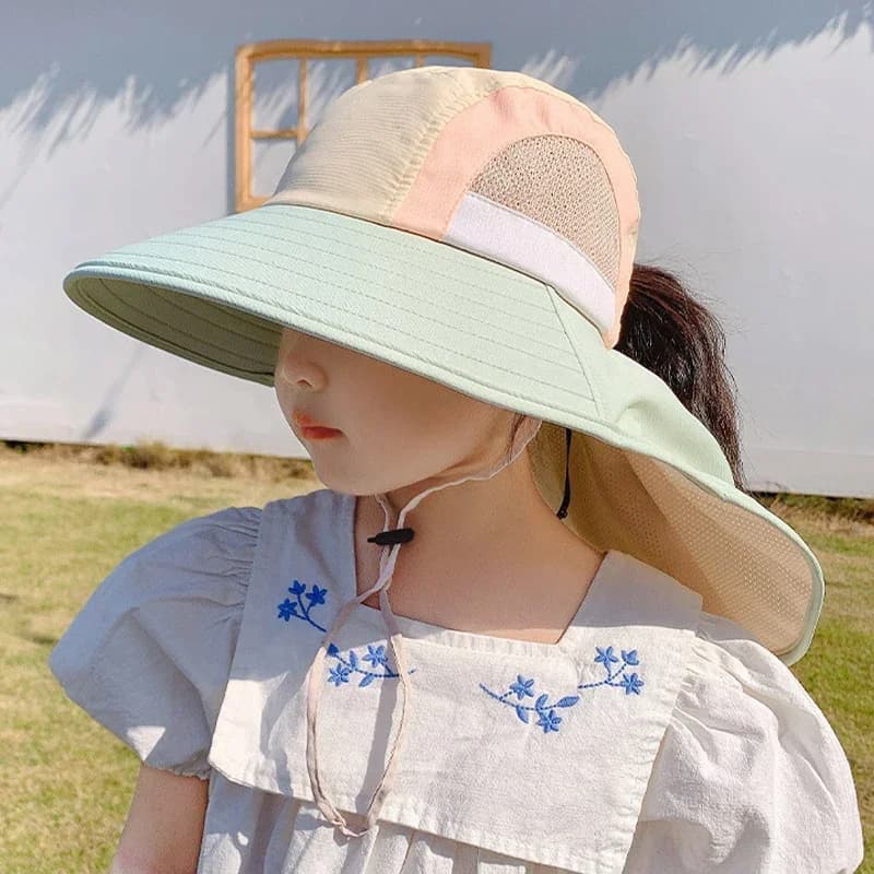 Sombrero de sol de verano para bebé con correa con solapa para el cuello, sombreros de playa de ala ancha, sombrero de cubo para niños, gorra