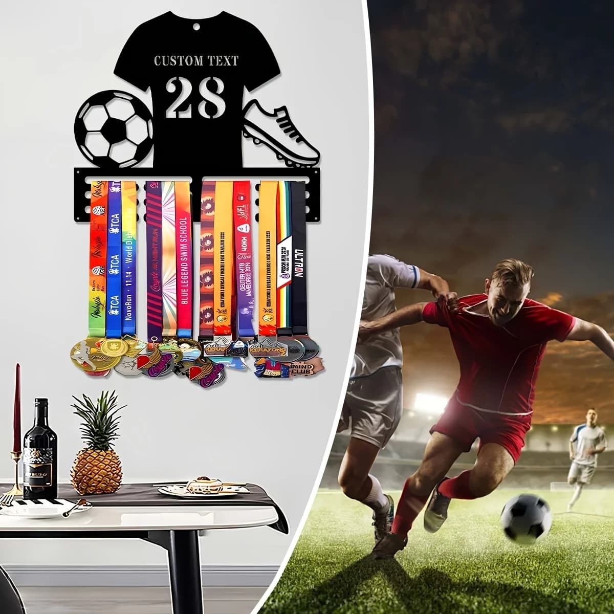 1 unidad de soporte de hierro personalizado para medallas de fútbol, expositor de medallas con número de camiseta de fútbol personalizado para