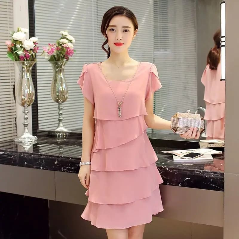 Vestido de chifón con cuello redondo y volantes, corte ondulado, manga corta, ajustado, liso, dulce, informal, versátil, para mujer, verano 2026