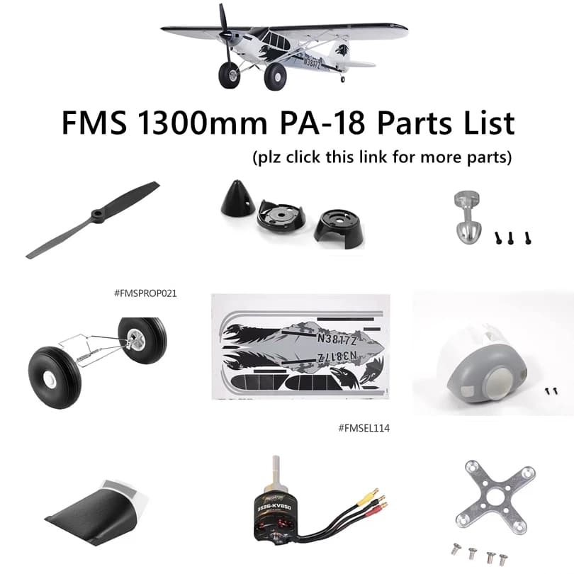 FMS 1300mm 1,3 M PA-18 J3 Cub Piper piezas hélice Spinner capó Motor eje tablero de montaje tren de aterrizaje RC avión