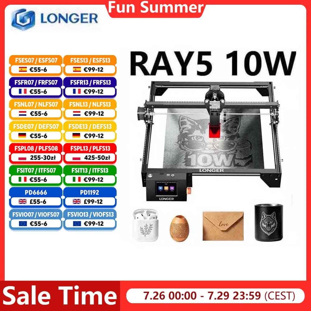 Grabador láser LONGER RAY5 de 10W, 0,06x0,06mm, pantalla táctil láser, tallado sin conexión, Chipset de 32 bits, área de trabajo de 400x400mm