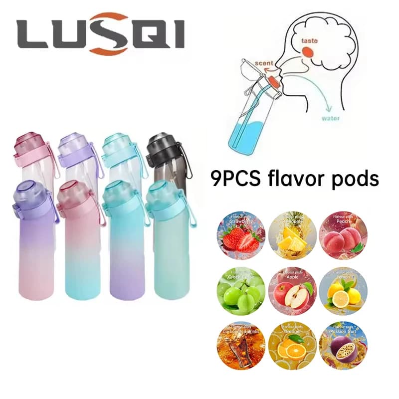 Botella de agua con sabor a aire LUSQI de 650ML con 9 cápsulas de sabor, pajita de moda deportiva para actividades deportivas al aire libre
