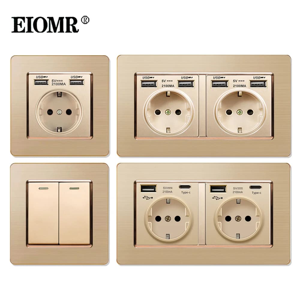 Enchufes e interruptores eléctricos de pared EIOMR 16A EU, Panel de acero inoxidable dorado de lujo, toma de corriente AC 110 ~ 250V, mejora del
