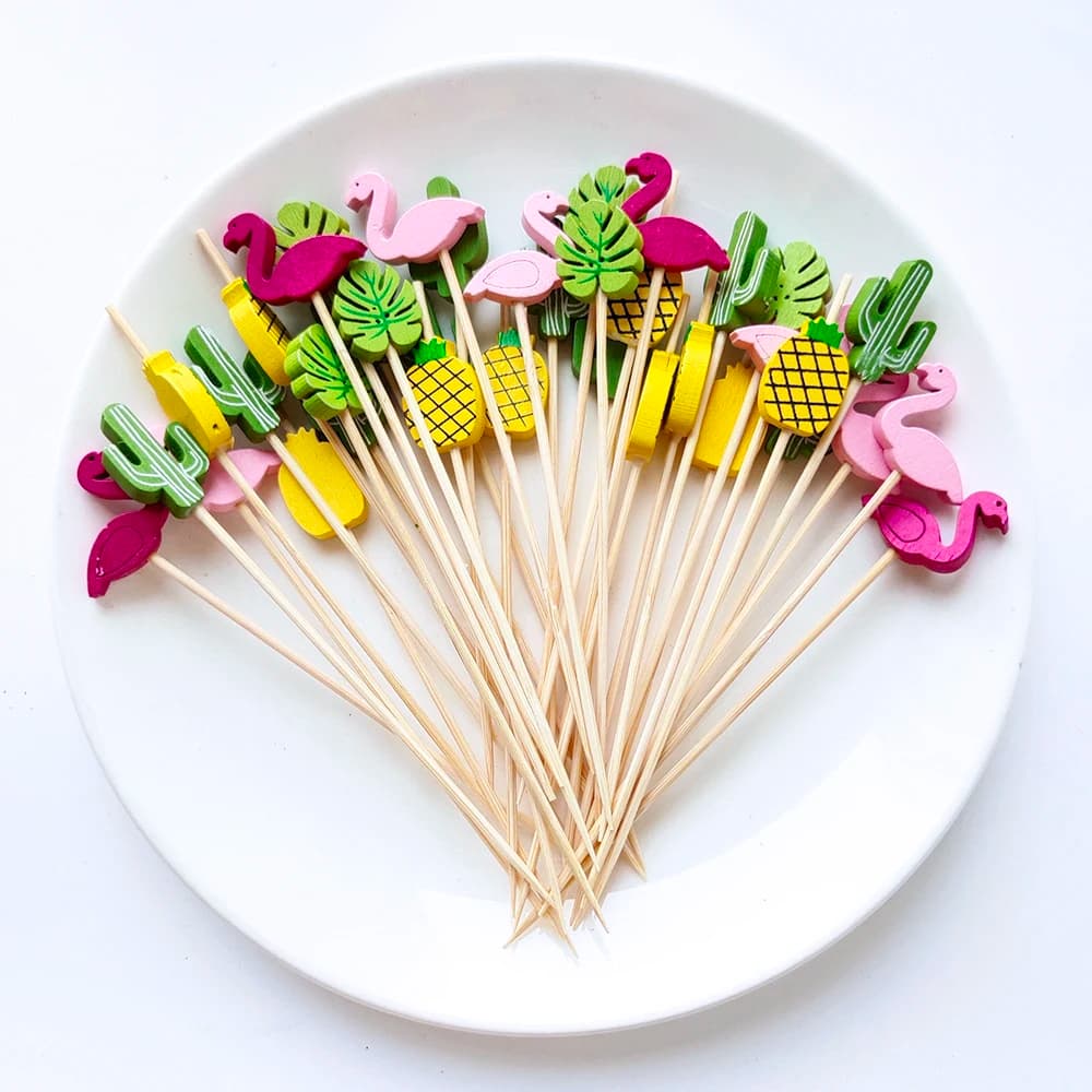 50/100 Palillos de Bambú para Fiesta Hawaiana, Palillos Desechables para Buffet, Tenedores para Cupcakes y Frutas, Palillos para Postres y Ensaladas,