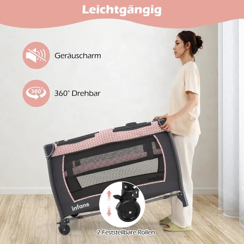 Cuna de Viaje 5 en 1 para Bebé con Cambiador, Cuna, Colchón y 2 Juguetes, Cama Plegable para Bebé, Rosa