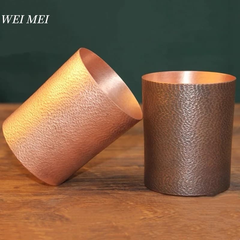 Taza de café de cobre puro hecha a mano, taza de desayuno con textura de martillo Vintage en forma de tubo recto, vajilla para beber taza de bebida