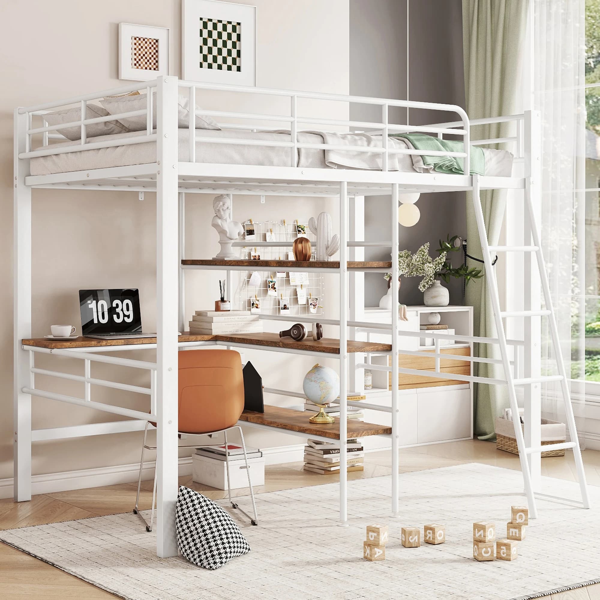 HOUSE SPOLE Cama individual 90x200cm para adultos con escritorio y estante Cama de metal sin colchón
