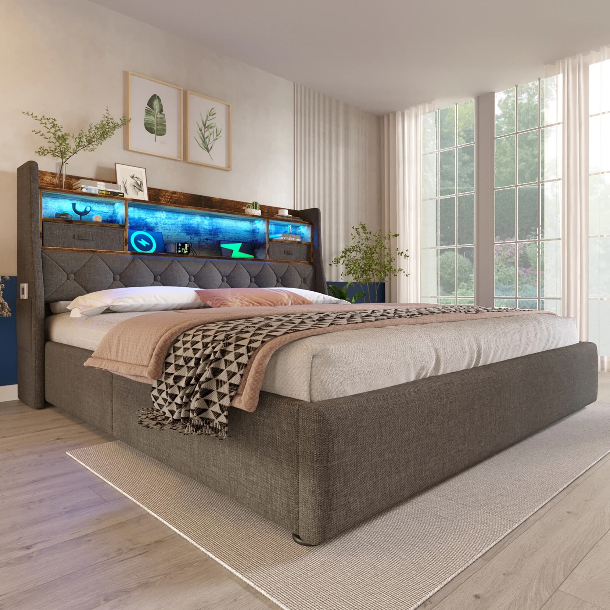 Cama con cajones, cama doble con LED regulable, USB, Tipo-C y estante, 180 × 200 cm, sin colchón, de lino, gris