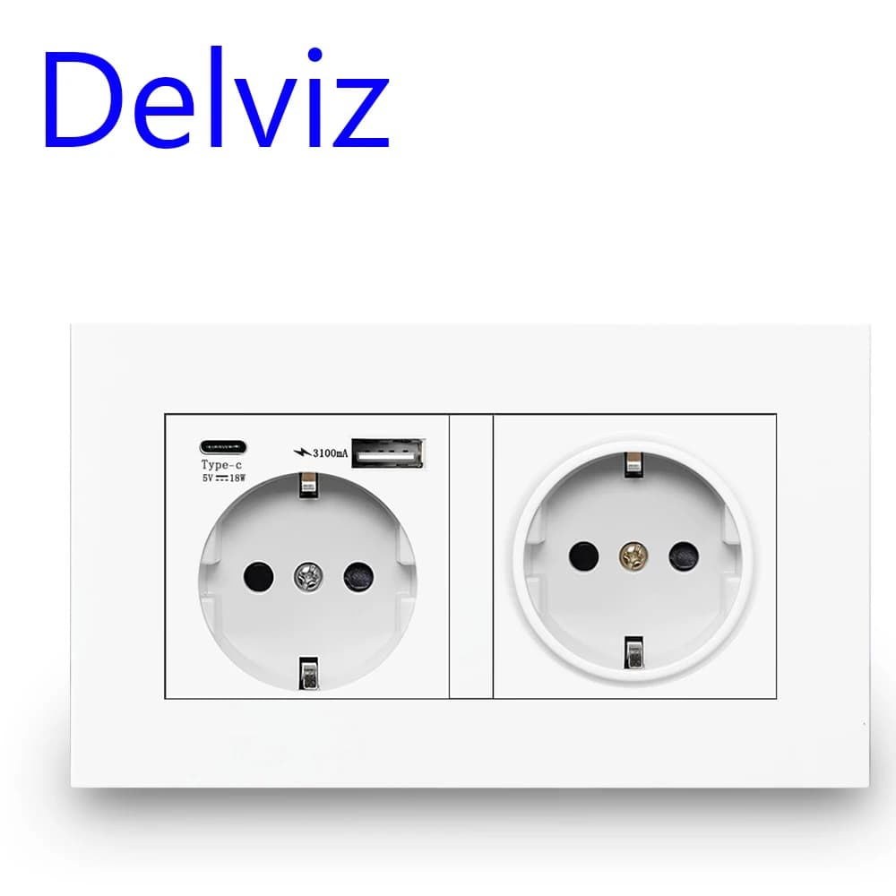Delviz-enchufe doble USB de pared, panel de plástico blanco de calidad, 5V 2100mA con puertos USB, 146MM * 86MM, toma de corriente tipo C estándar