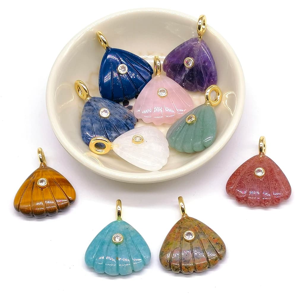 Encantador Colgante de Piedra Natural en Forma de Concha con Pequeños Circones Incrustados, Dijes de Amatista y Ojo de Tigre para Joyería y