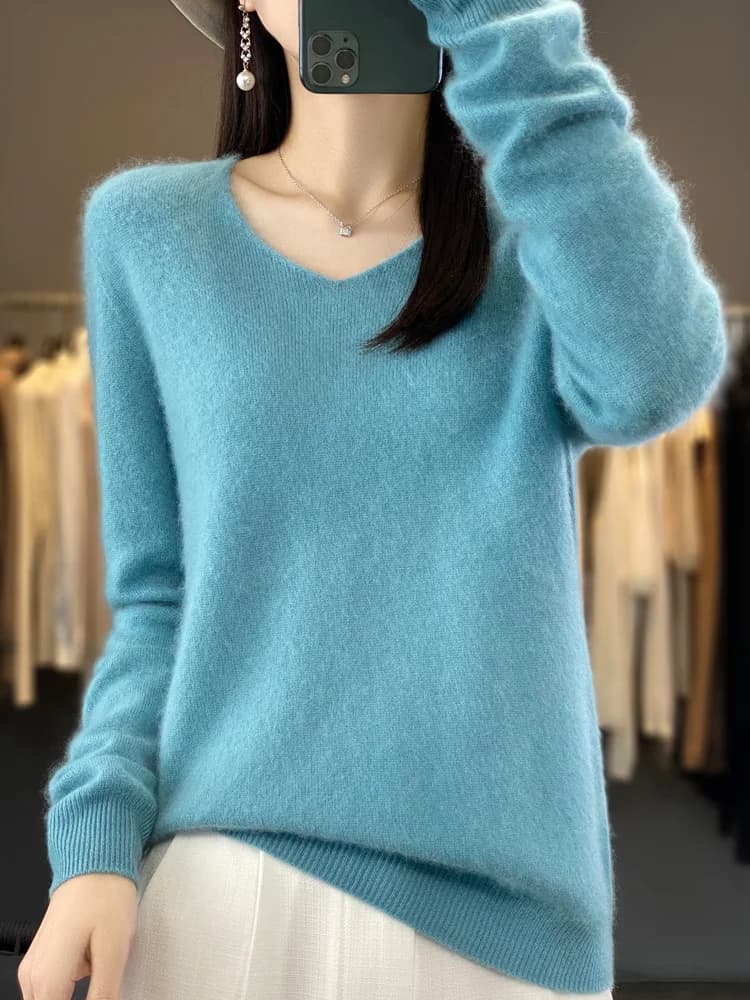 Suéter de lana merina 100% a la moda, jersey de Cachemira para mujer, prendas de punto con cuello en V, manga larga, moda Otoño Invierno, ropa