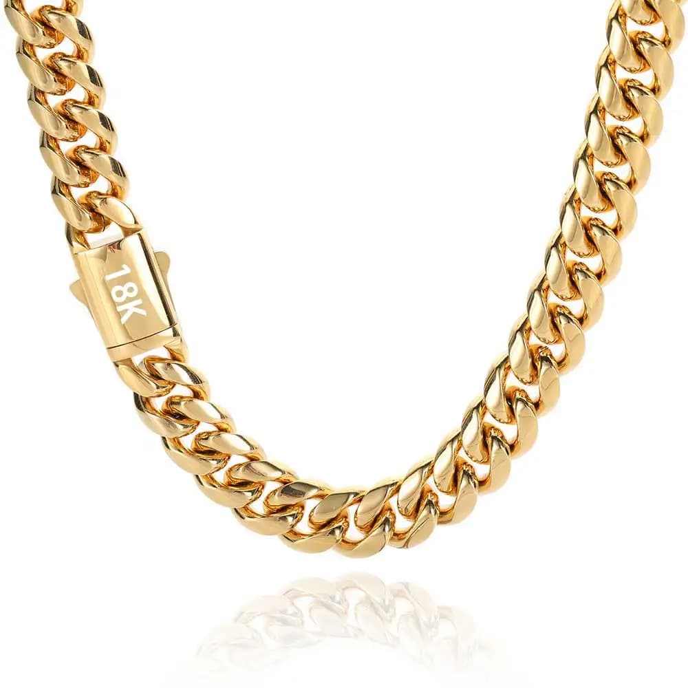 Alta calidad, ancho 8-14mm, cadena cubana de acero inoxidable de Color dorado, resistente al agua, collar de eslabones acolchados para hombres y