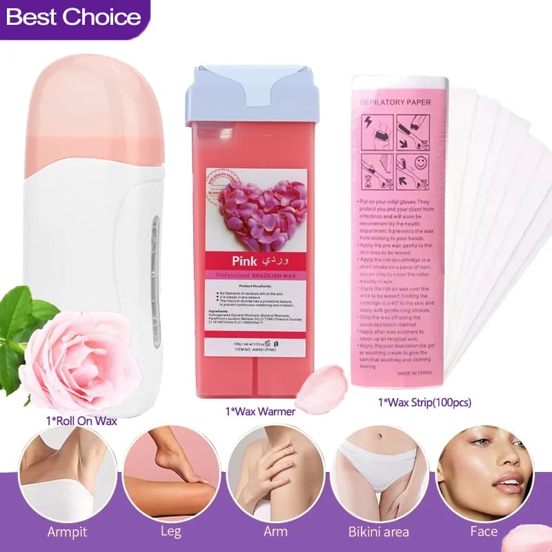 Kit de depilación de cera en rollo caliente Unisex con calentador de cera con rodillo de crema depilatoria y calentador de cartucho caliente para