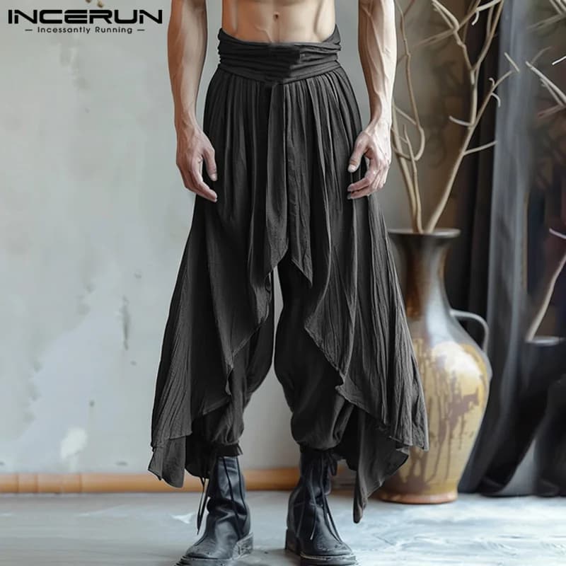 INCERUN-pantalones bombachos largos de Color liso para hombre, pantalón informal liso, con volantes, estilo americano, ropa de calle de gran tamaño,