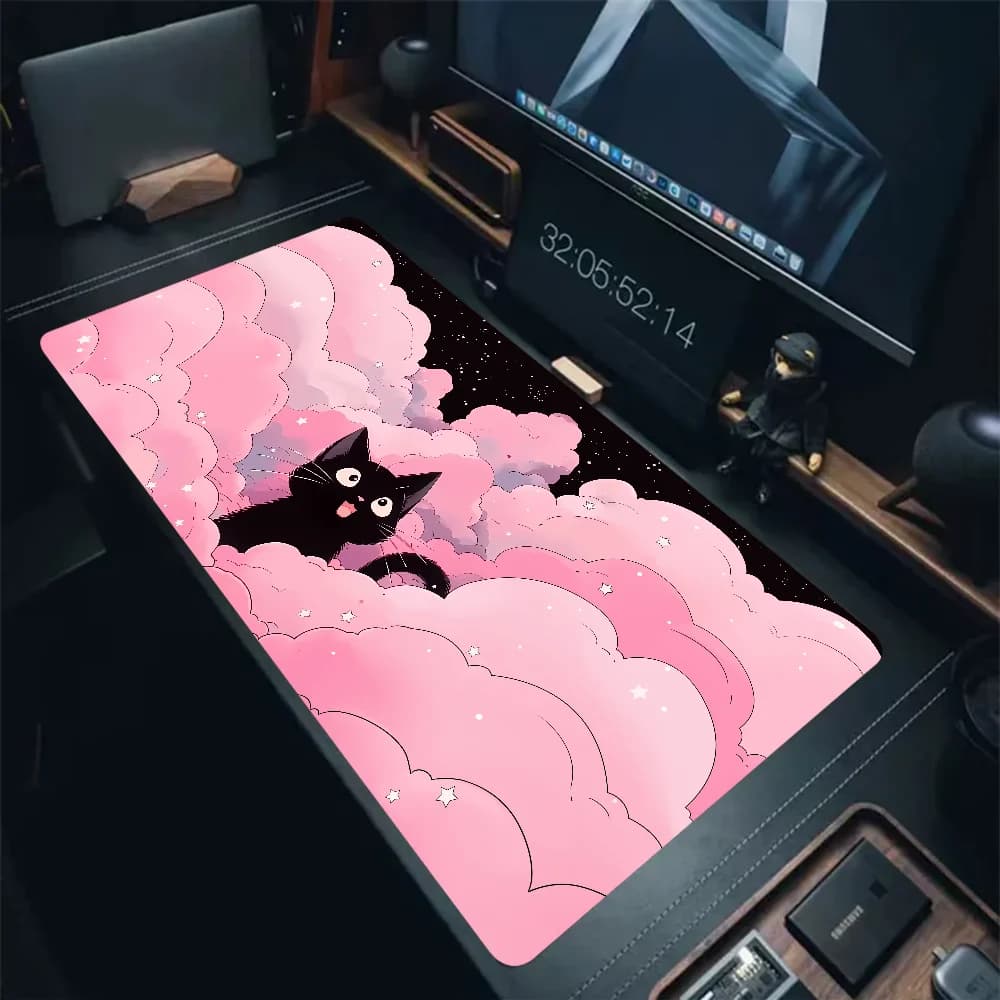 Alfombrilla para teclado con nubes de gato negro, alfombrilla para ratón extendida con borde de bloqueo, almohadilla de protección para escritorio