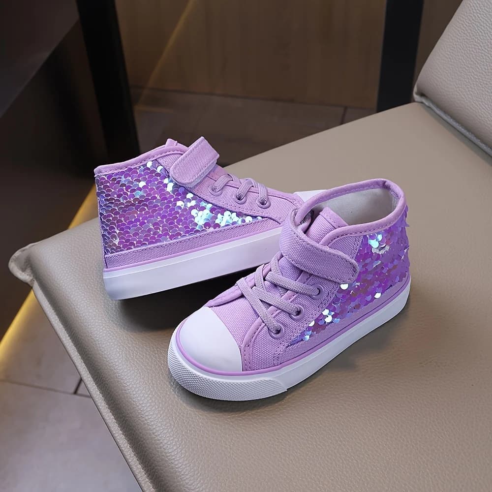 COMFY KIDS Niñas 3-12 años Escala holográfica púrpura Estilo Princesa Zapatos de lona de media caña Correa ajustable Ropa suave y cómoda para