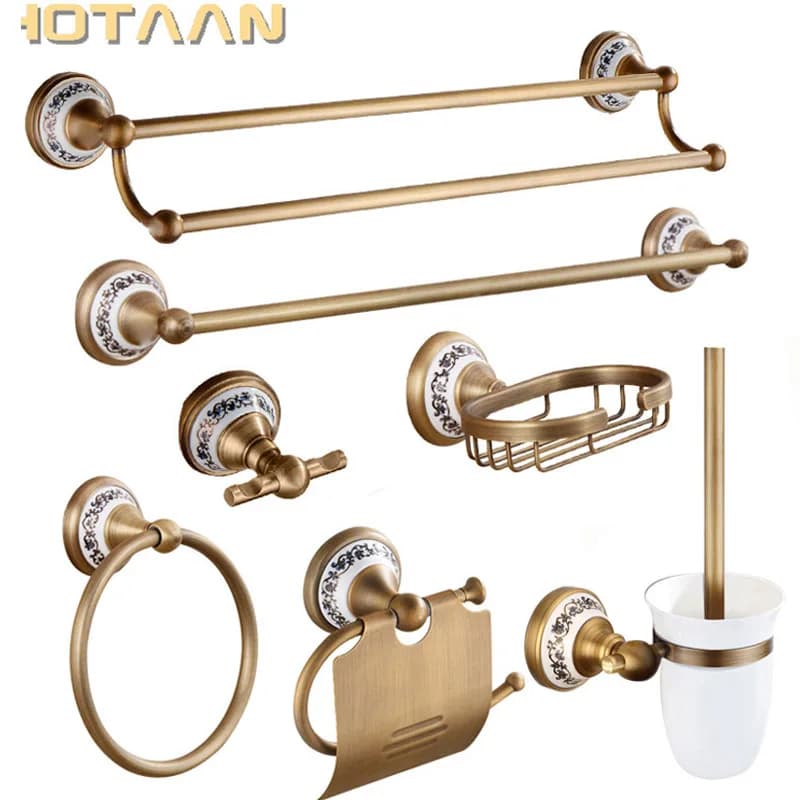 Conjuntos de accesorios de baño de latón macizo cepillado antiguo, juegos de accesorios de baño de porcelana europea, productos de baño Retro de