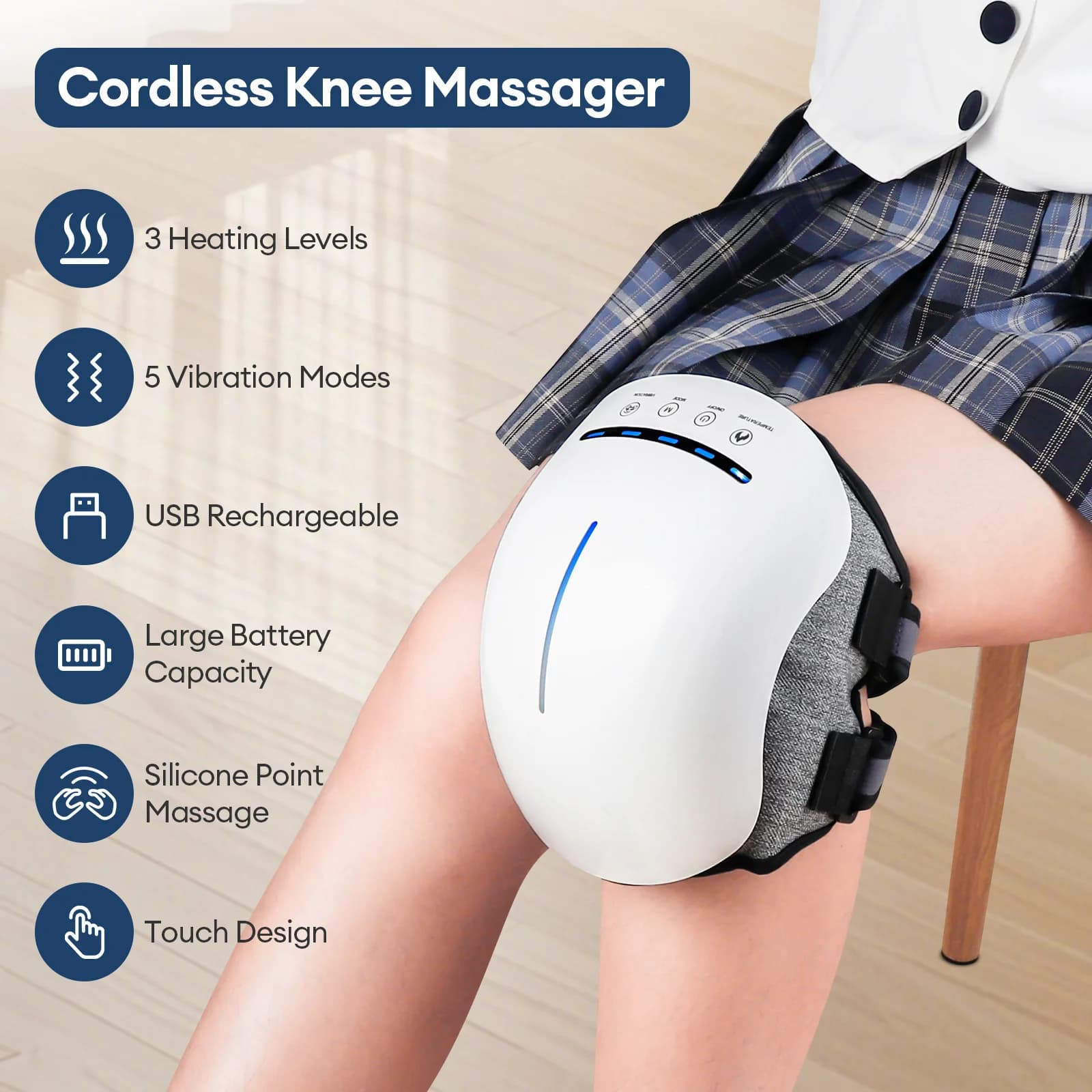 Masajeador de rodilla inalámbrico de 3 niveles, 6 cabezales de masaje vibratorios de silicona, masaje relajante para las articulaciones de la