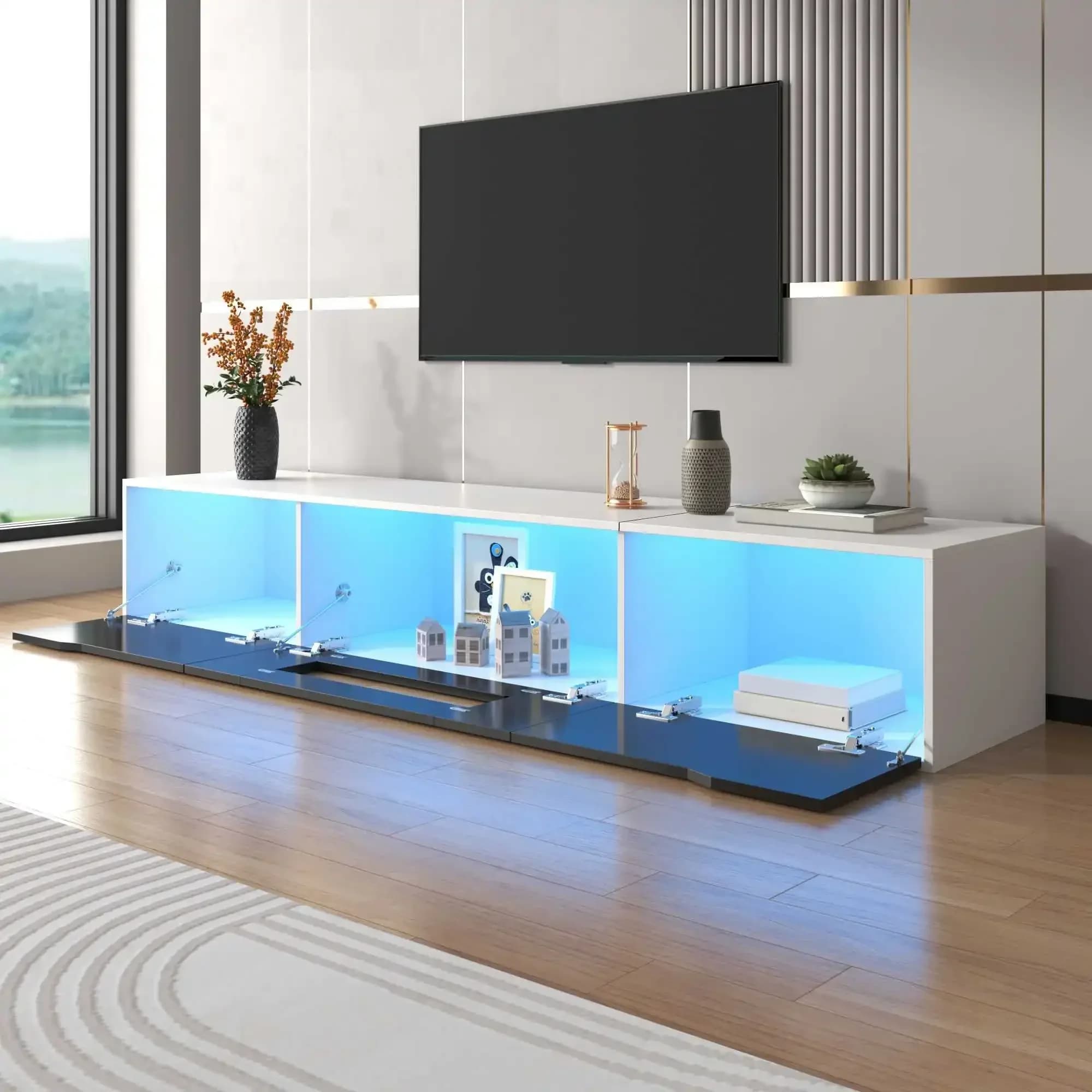 Mueble de TV, mueble de TV de alto brillo, combinación de colores blanco y negro, con luces LED que cambian de color