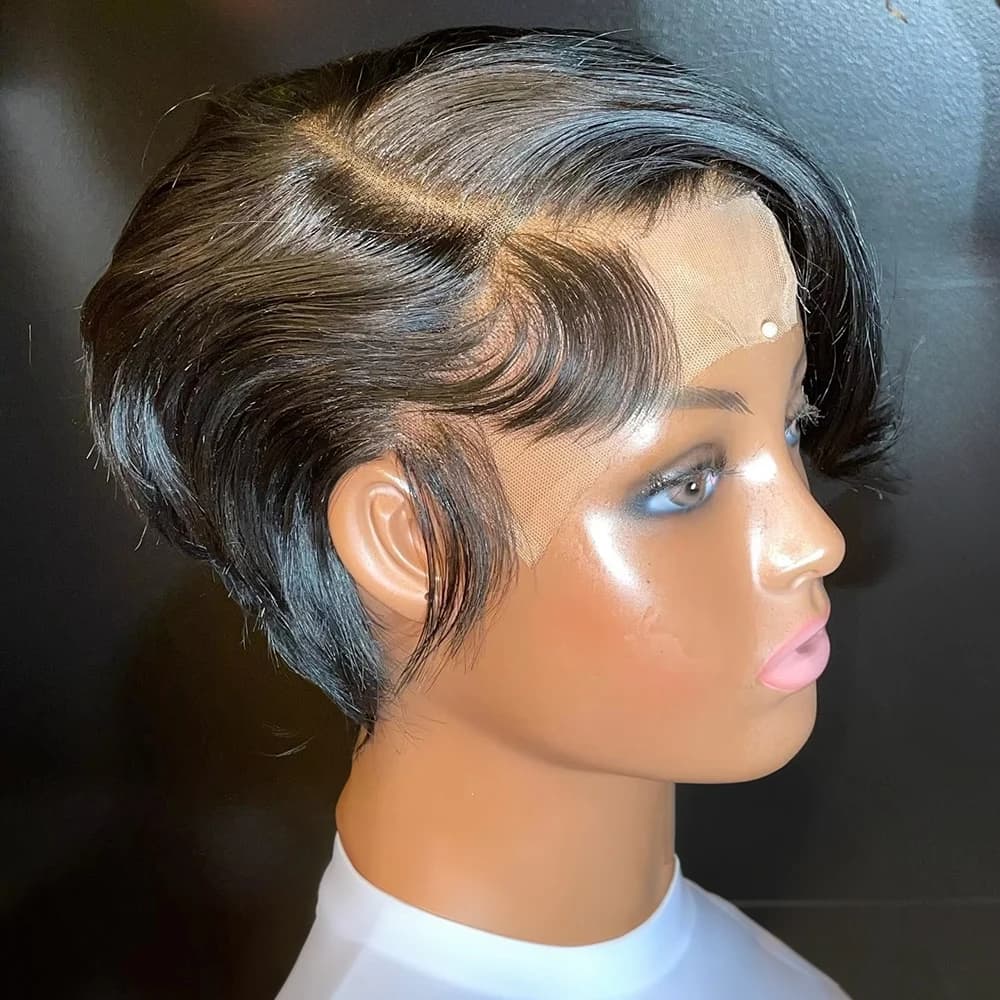 Peluca de cabello humano liso brasileño para mujer, peluca frontal de encaje transparente 13x4, corte pixie natural pre-arrancado, peluca para mujer