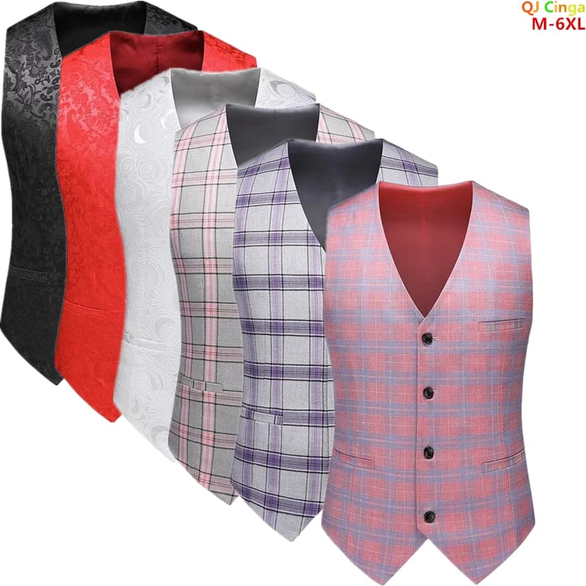 2026 Chaleco de traje a cuadros a rayas gris-morado para hombre, chalecos delgados rojos de tallas asiáticas, chaleco con cuello en V de un solo
