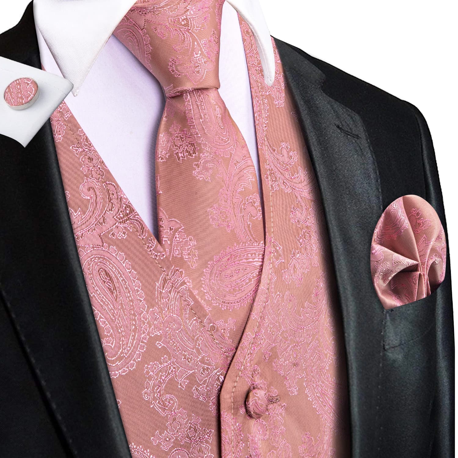 Hi-Tie-Chaleco de seda rosa para hombre, traje de Cachemira de 4 piezas, chaleco tejido, corbata de bolsillo, gemelos cuadrados, chaqueta de cintura