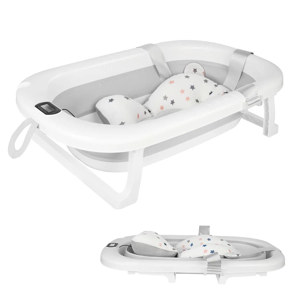 Bañera plegable para bebé con alfombrilla de baño, bañera para bebé con termómetro integrado, bañera portátil para bebés de 0 a 36 meses