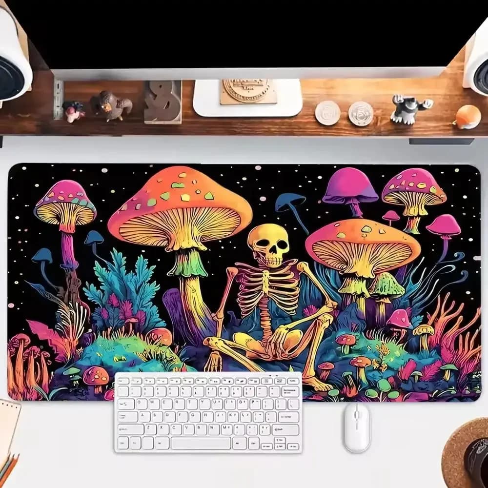Alfombra de juego con diseño de calavera y seta colorida, alfombrilla grande para juegos, alfombrilla antideslizante para teclado de jugador,