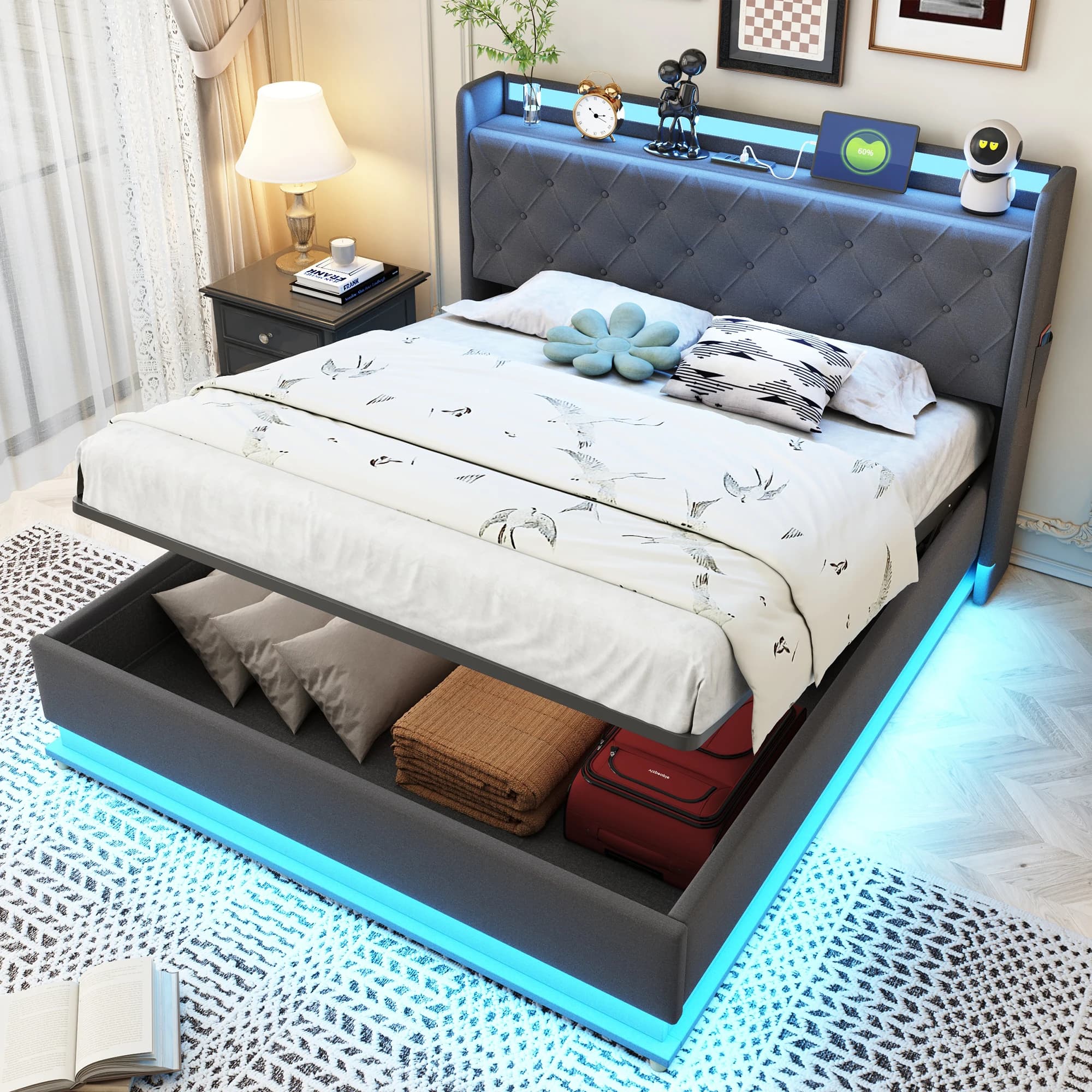 Cama Castor 140x200 cm, con USB y espacio de almacenamiento hidráulico, robusta, para dormitorio, que ahorra espacio, tela en gris, colchón no