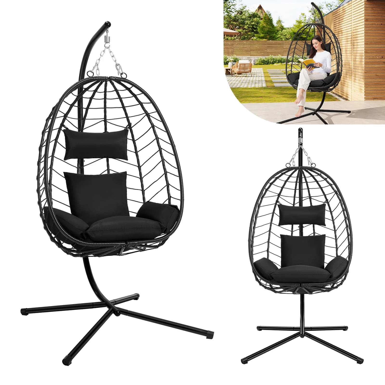 Silla Colgante Tipo Huevo EUGAD, Hamaca con Soporte Metálico, Cojín y Reposacabezas, Capacidad de Carga 150 kg, para Jardín, Balcón, Patio