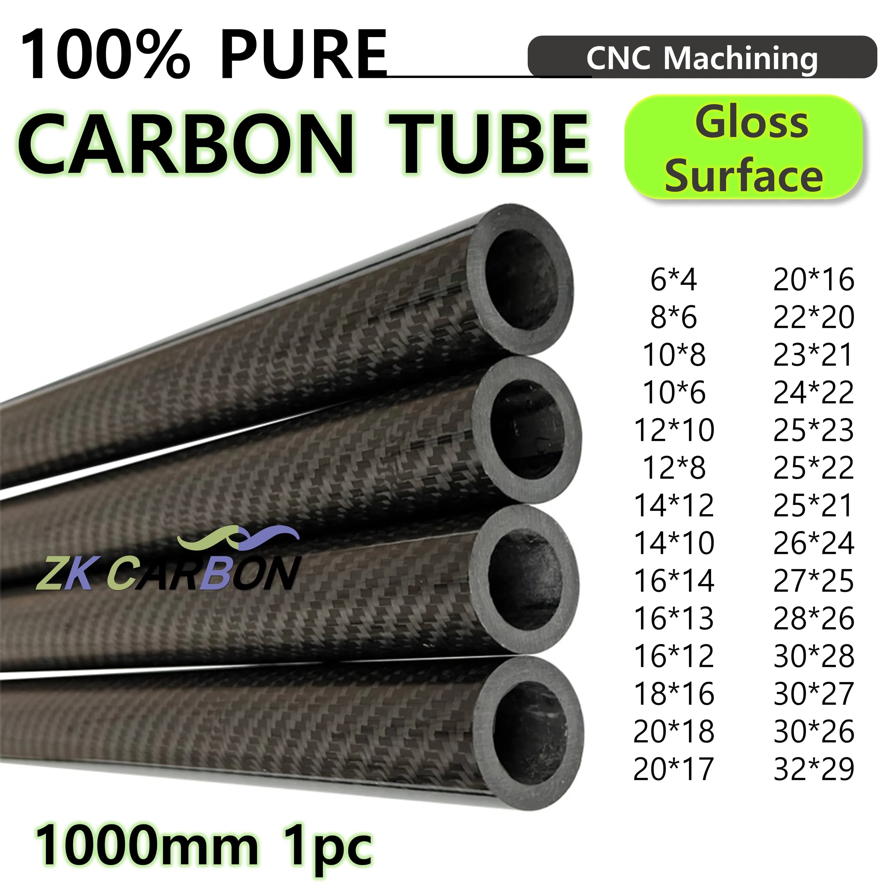 Tubo de fibra de carbono de sarga brillante 3K, longitud de 1000mm de diámetro, 5mm a 32mm, tubo de carbono para modelo RC, piezas de avión, uso
