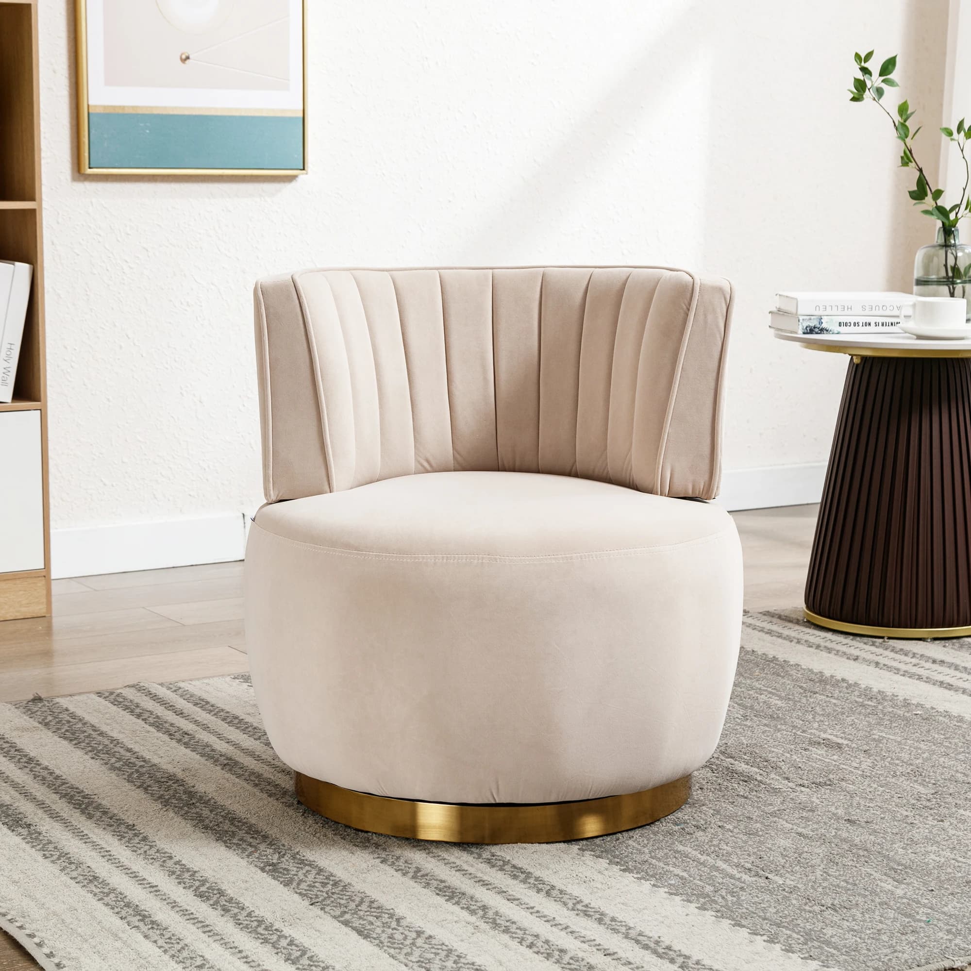 Silla Giratoria Moderna KOMHTOM de 360 Grados, Diseño Redondo de Terciopelo con Respaldo Cómodo y Estructura Estable