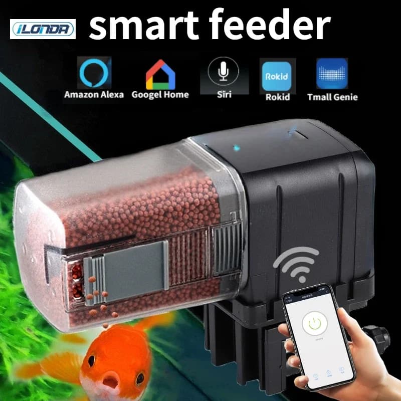 Alimentador automático para pecera de Acuario, temporizador/Wifi inalámbrico, aplicación de teléfono inteligente, altavoz inteligente, Control