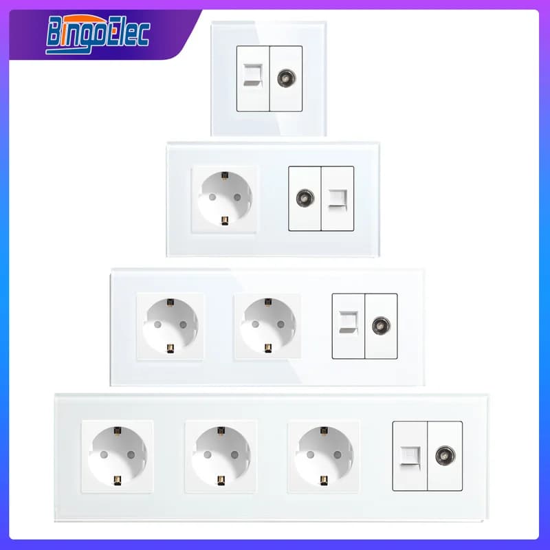 Bingoelec enchufe de pared estándar de la UE con TV ordenador Internet conector de red Rj45 Panel de vidrio blanco negro para mejorar el hogar