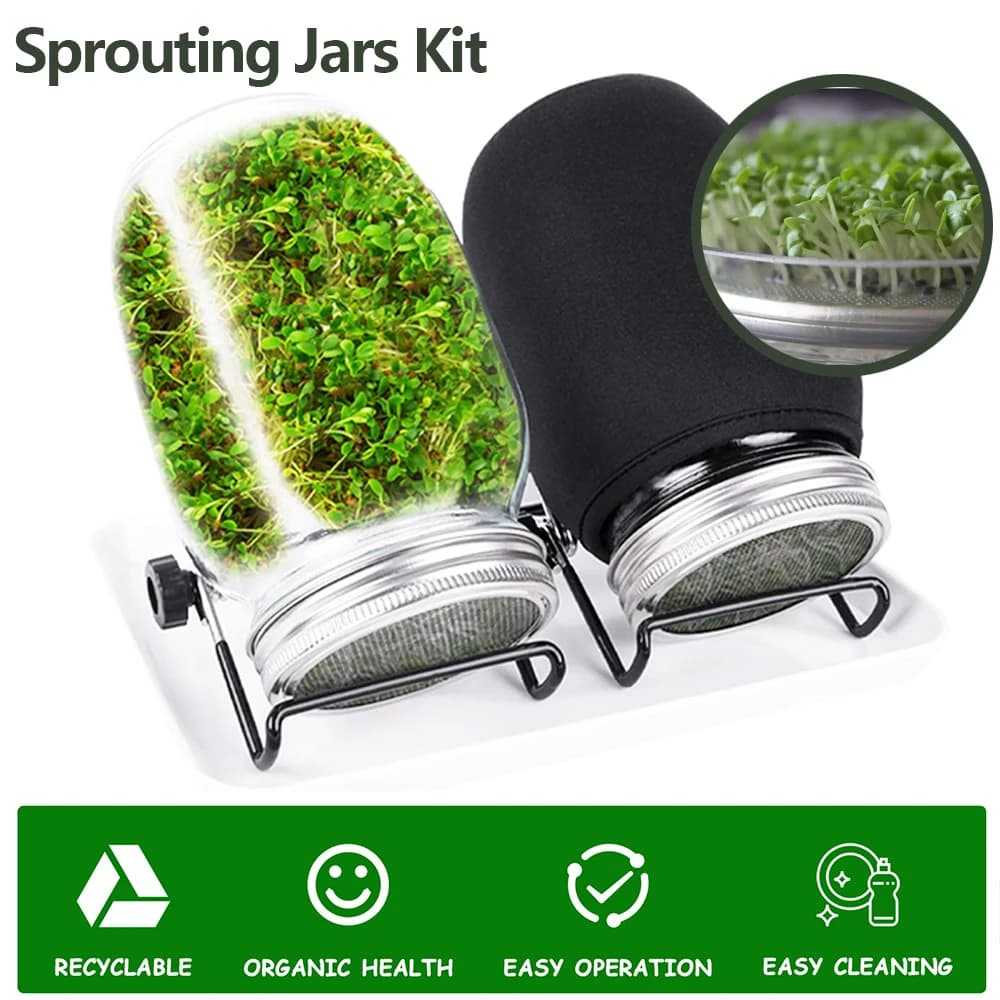 Kit de tarros para brotes de semillas, Kit de cultivo de brotes de soja de vidrio duradero con tapas de brotes de pantalla de acero inoxidable,