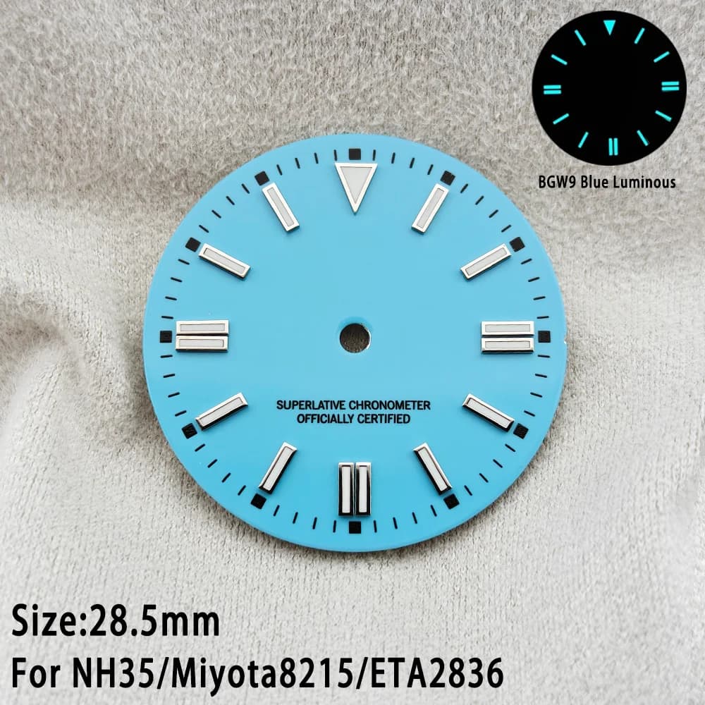 Esferas de reloj de 28,5mm, esfera luminosa suave NH35 BGW9, esfera aséptica, esfera OP para reloj NH35 NH36 Miyota 8215 ETA2836