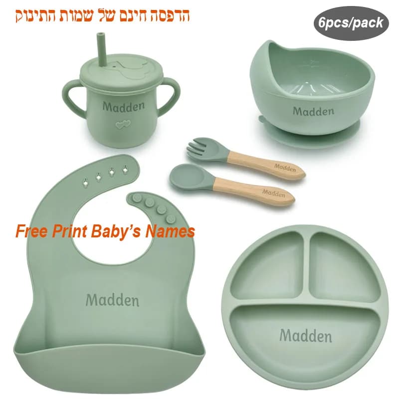 Juego de alimentación de silicona para bebé, plato con logotipo personalizado, cuenco, regalo personalizado para recién nacido, taza de paja de