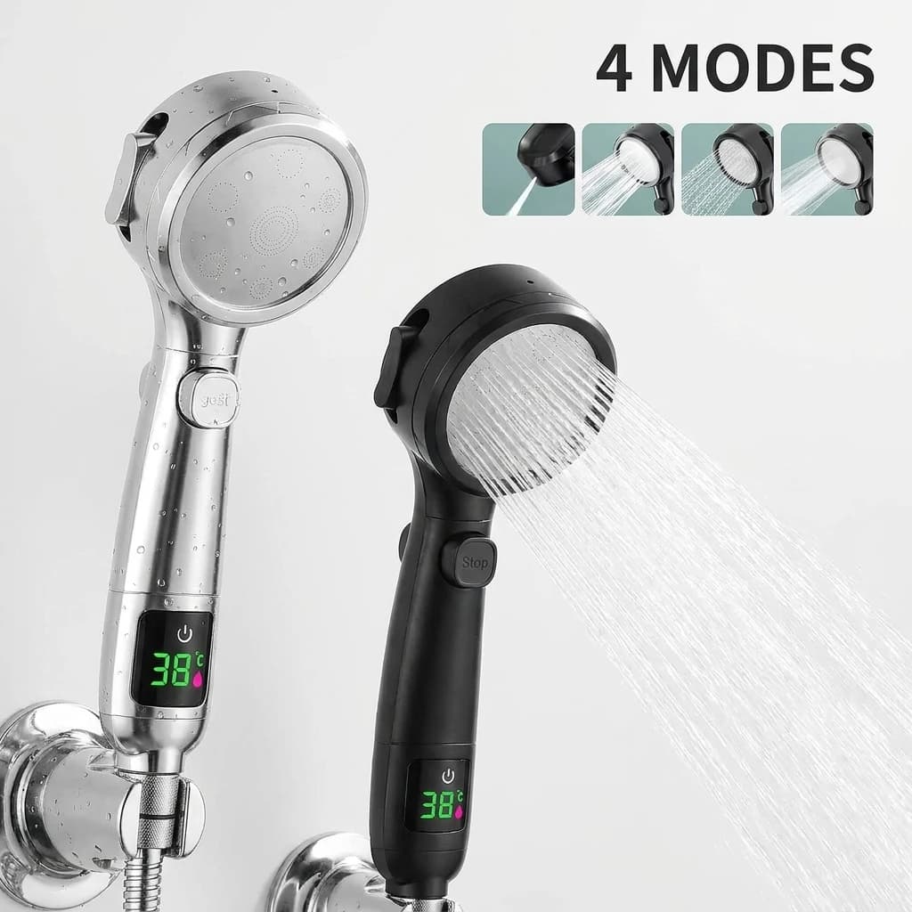 Ducha de Mano de Alta Presión con 4 Modos, Diseño Ahorrador de Agua, Pantalla LED Digital de Temperatura para Baño