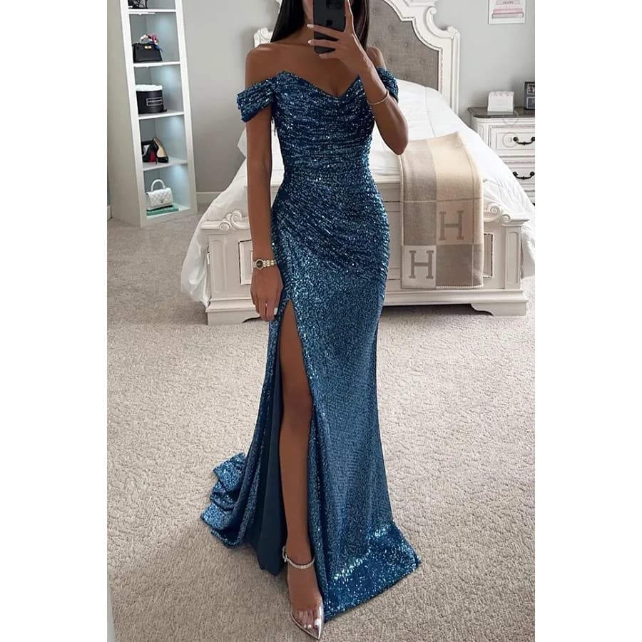 Vestido de fiesta con lentejuelas y cuello de una línea para mujer, talla S-XL, informal, versátil, a la moda, encantador, adelgazante
