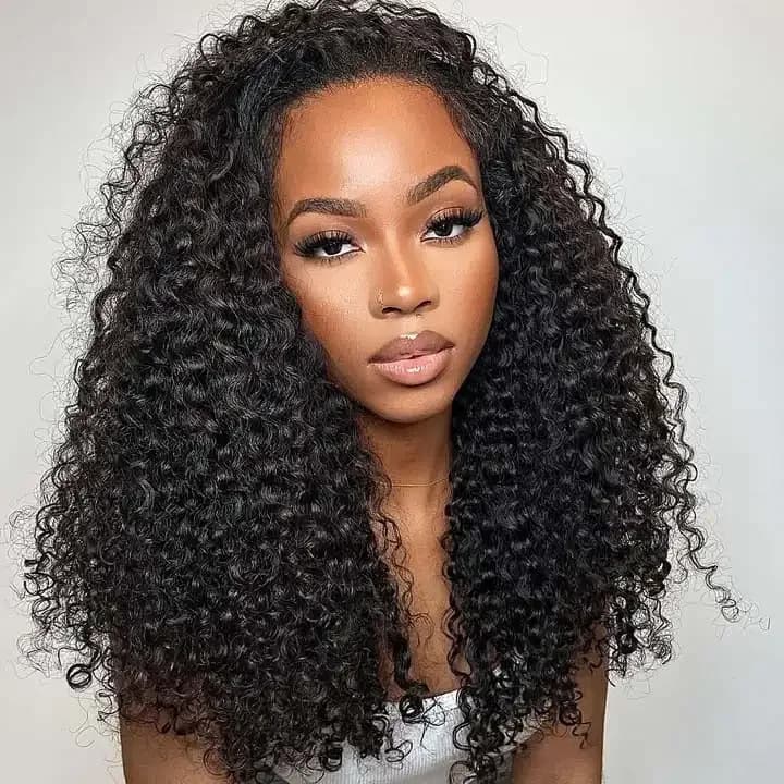 [Medio peluca 3 en 1] Medio peluca rizada sin pegamento, lista para usar, de cabello humano, con cordón ajustable, sin costuras, para mujer